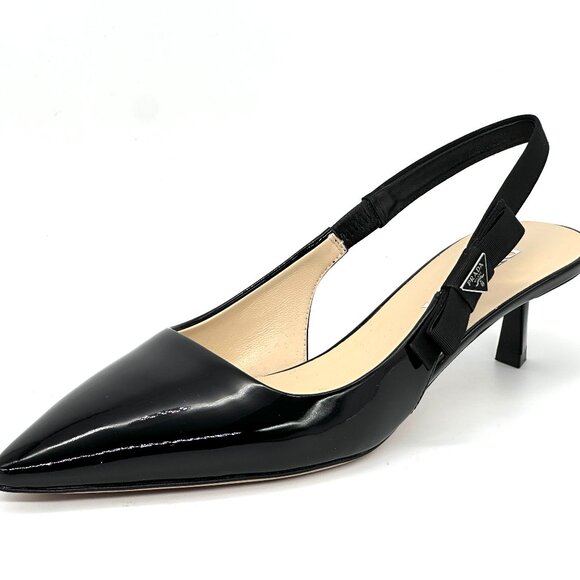 PRADA Triangle Logo Bow Pointed Toe Kitten Heel Slingback Pumps Sandals - Picture 5 of 16